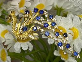 Pfau Brosche mit blauen natürlichen Saphir Silber 925 verg.