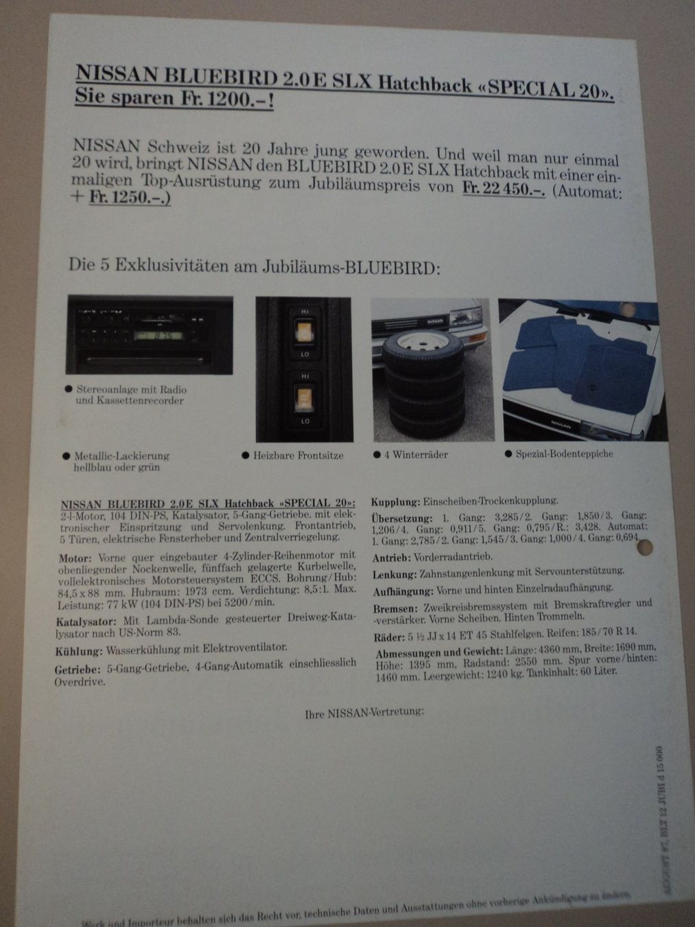 Nissan Documenti: Prospekt Nissan Bluebird "Special 20" 1987 – Usato da Schwarzenburg venduto da modelCARama 2