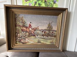Edles Vintage Gobelin Stickbild – Klassische Jagdszene