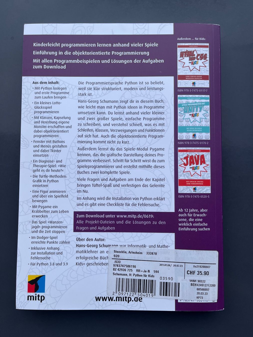Libri: Python fuer Kids, H.-G. Schumann, 3. Auflage - neu – Nuovo (secondo la descrizione) da Arlesheim venduto da alinesausb 1