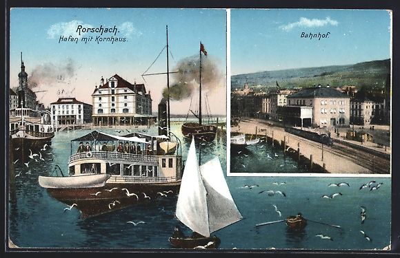 Cartoline postali: Rorschach, Bahnhof, Hafen mit Kornhaus – Usato da Berlin venduto da bartko-reher