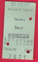 KARTON BILLETT, GENÈVE - BERN, 1.KLASSE, RETOUR, 21.12.1984