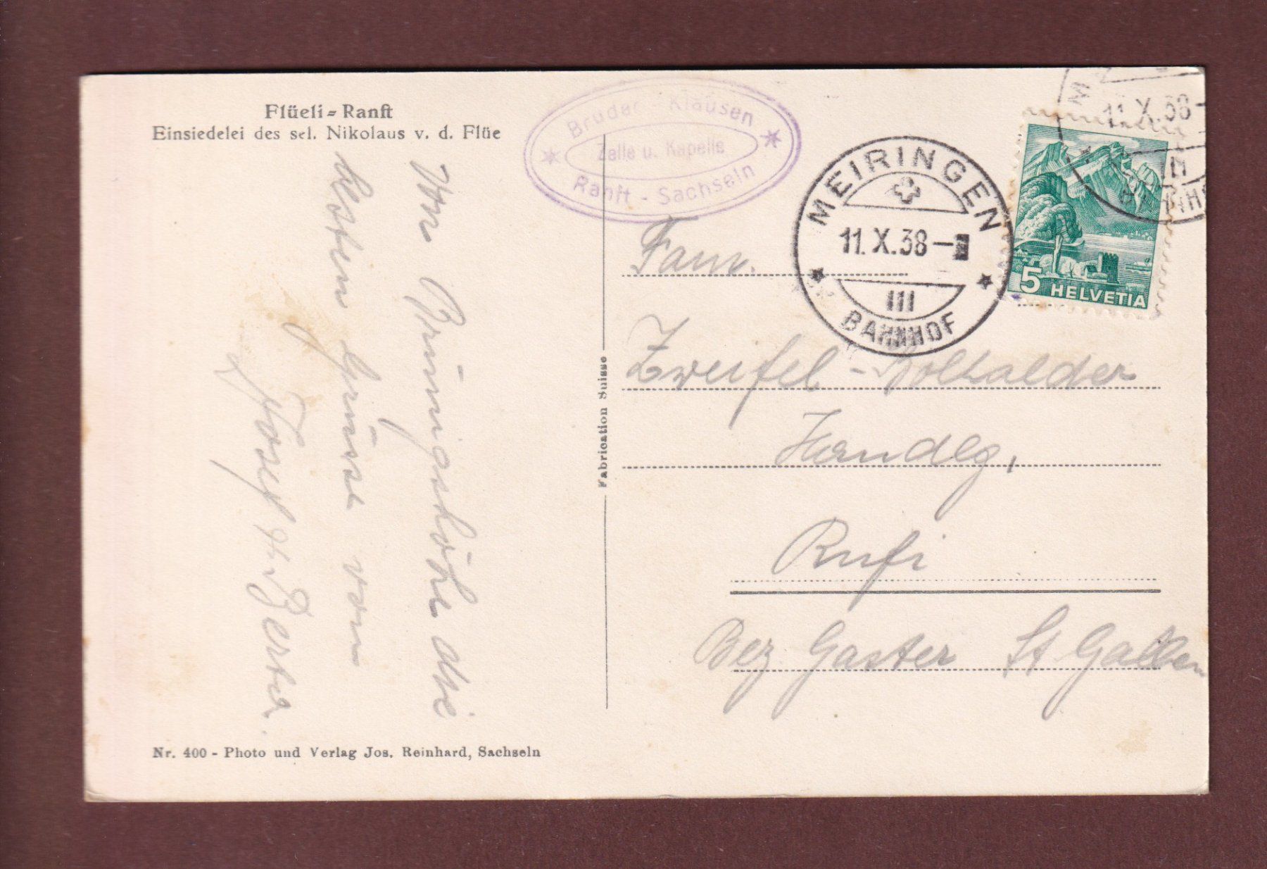 Cartoline postali: FLÜELI-RANFT - Einsiedelei - 1938 – Usato da Pully venduto da nicecards-shop 1
