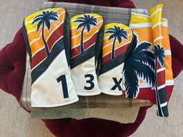 Golf Headcover Set Palmen-Sunset: (4 Stück) + Handtuch 