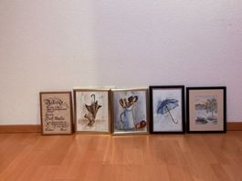 5 Aquarelle gerahmt (Schirme, Krug, Landschaft)