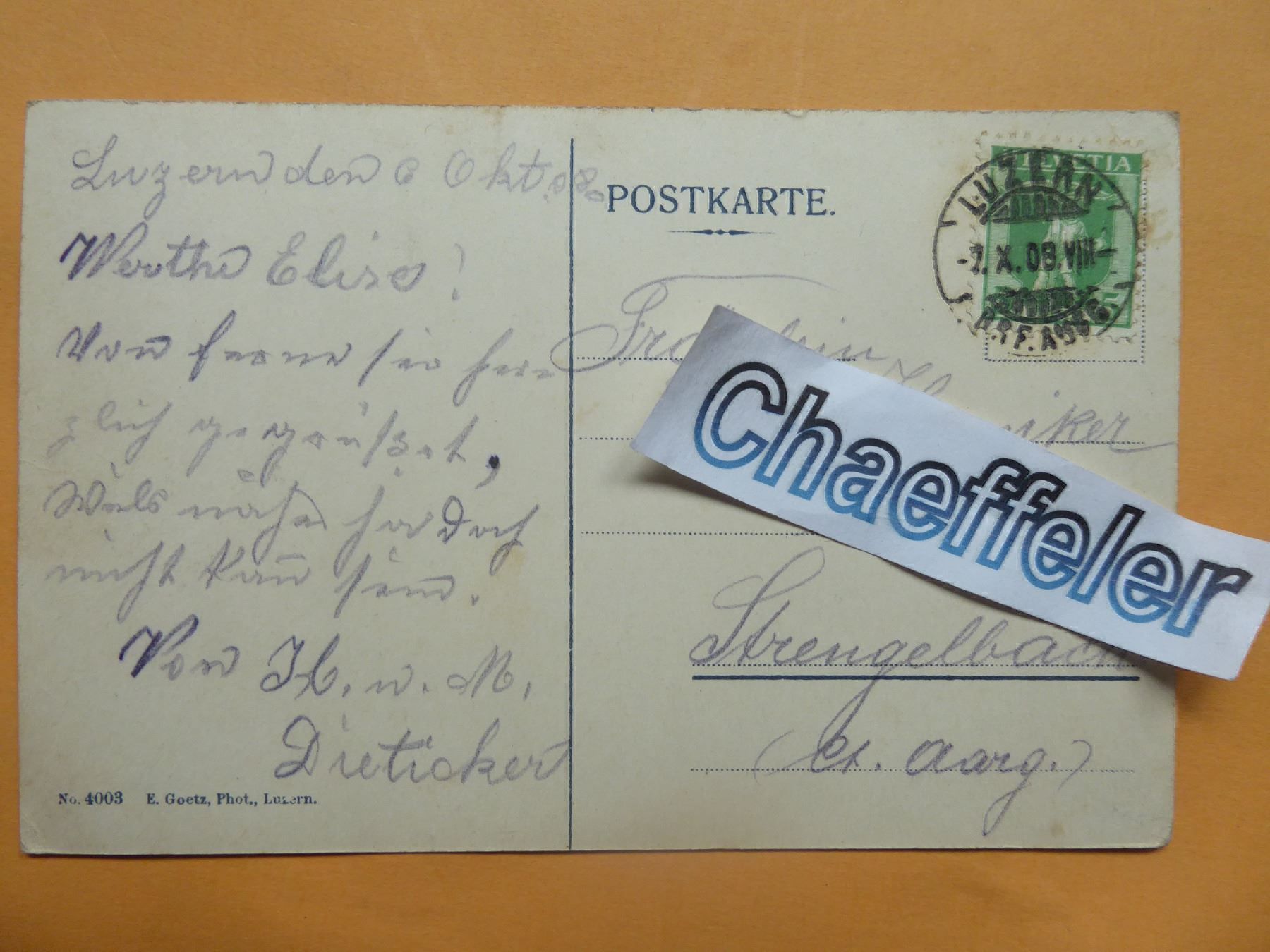 Cartoline postali: 1908 Luzern und die Alpen – Usato da Zürich venduto da Chaeffeler 1