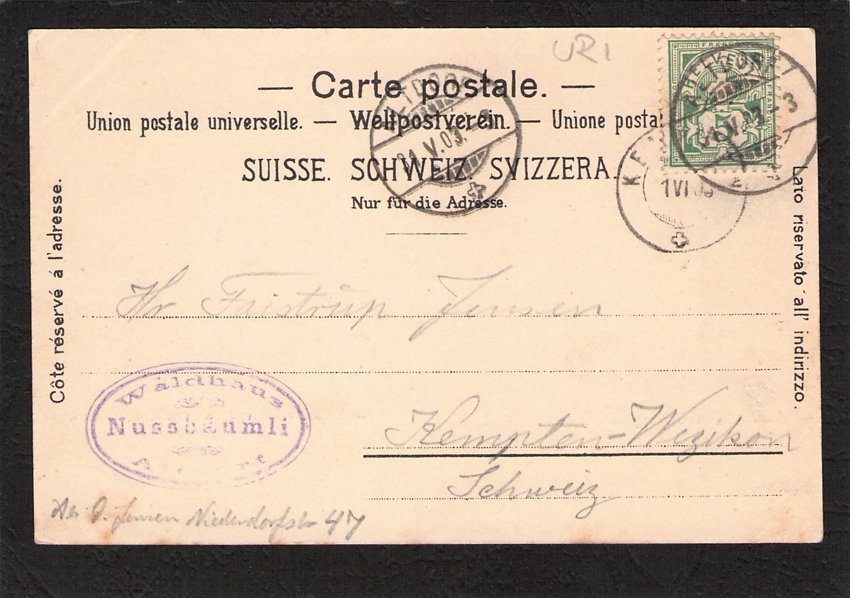 Cartoline postali: Gruss aus Altdorf UR , gel. 1903 – Usato da Reichenburg venduto da Pipo-67 1