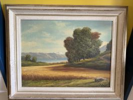 Gemälde J. Ernst Landschaft mit See und Bergen 