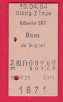 KARTON BILLETT, BIBERIST EBT - BERN, 2.KLASSE, EINFACH