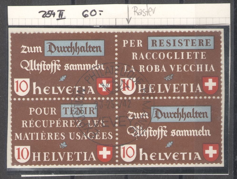 Tutti i francobolli: CH - Zusammenhängende - Zst. Nr. Z254III im 4er Block – Usato da Rombach venduto da SH_Briefmarken