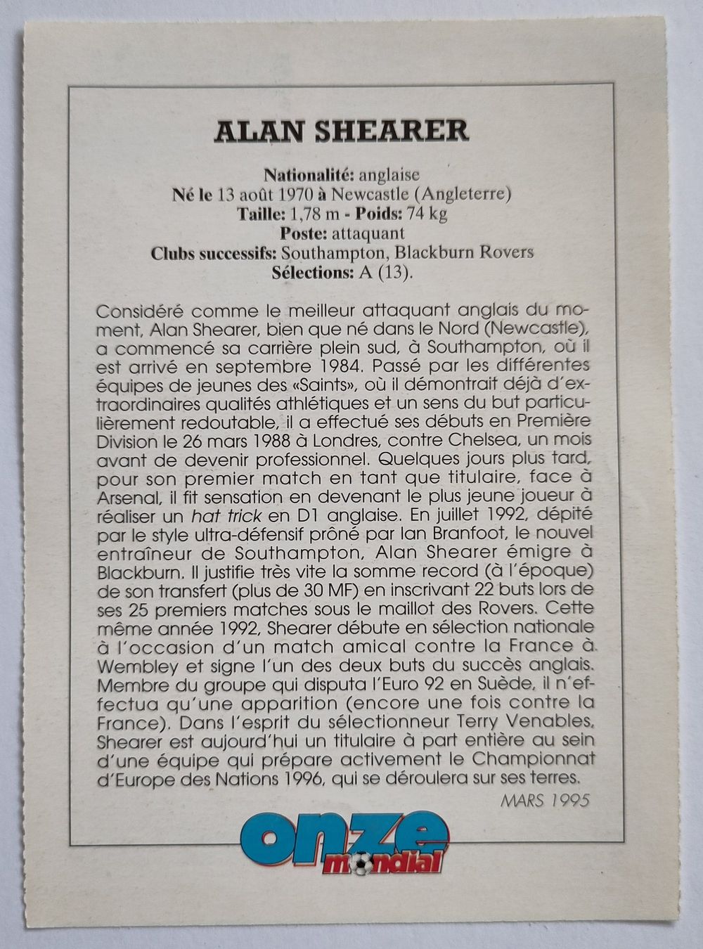 Carte collezionabili: Fiche Alan Shearer - Onze mondial – Usato da Lausanne venduto da the_p2w5 1