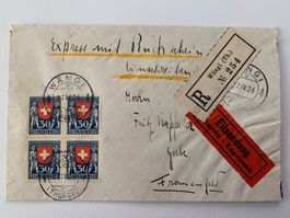 1925 Pro Juventute Viererblock J36 von Wängi nach Frauenfeld