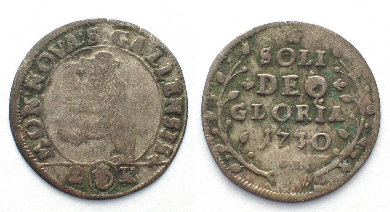 Alle Münzen: ST. GALLEN Stadt Halbbatzen 1730 – Gebraucht aus Riehen von sesambestcoins2004