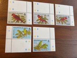 Solomon Islands Briefmarken, 5er Block, Papageien, Top! (57)