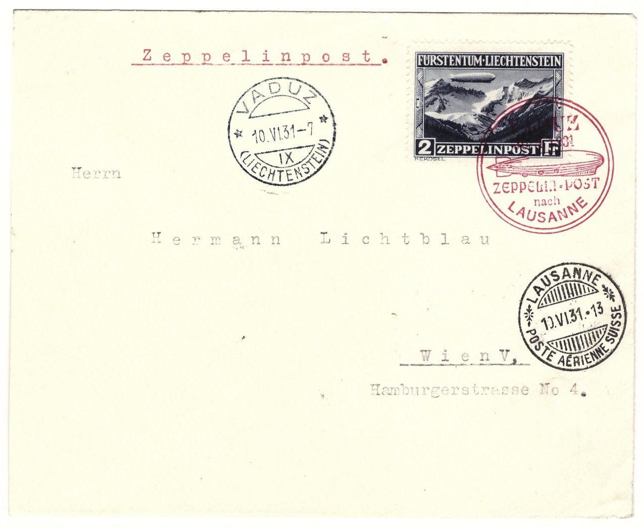 Buste & buste per spedizione: Zeppelin Flugpost Brief Liechtenstein mit 2 Franken Marke – Usato da Gümligen venduto da vinylsoundsgood