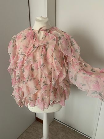 Romantische Rüschenbluse mit Rosenmuster, Gr.XS