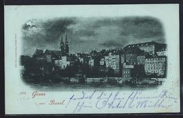 Mondschein-AK Basel, Uferpartie mit Kirc