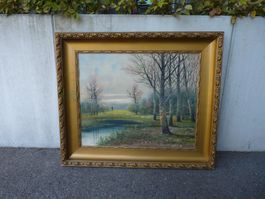 Antikes Grosses Oelbild "Birkenwald" 90x76cm