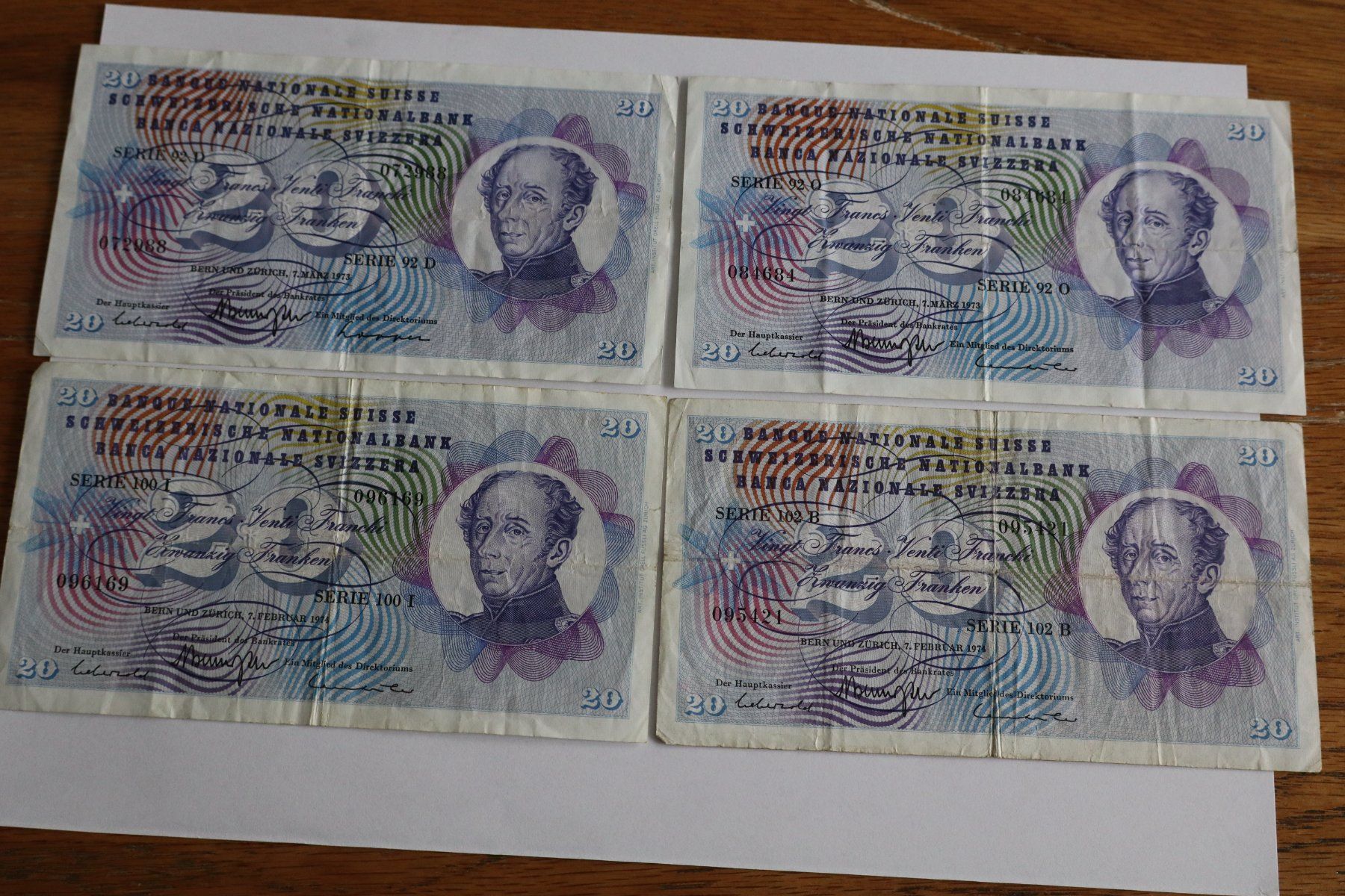 Banknoten: 4× Schweiz 20 Franken Note Typ General Dufour – Gebraucht aus Hinwil von Mattenstrasse