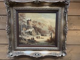 Gemälde Winterlandschaft mit Mühle, signiert, mit Rahmen