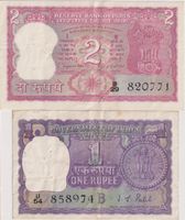 Indien: Banknoten 1 und 2 Rupien