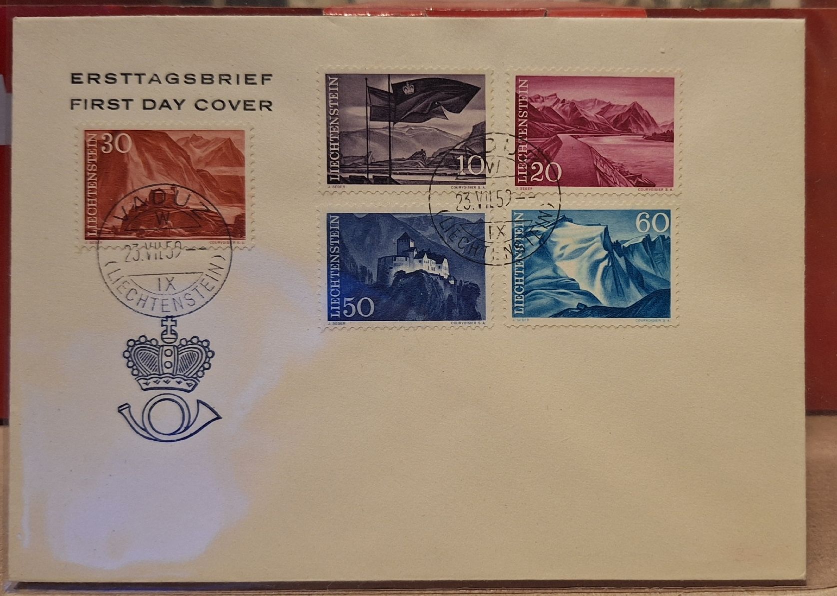 Tutti i francobolli: Liechtenstein 1959 FDC Landschaftsbilder – Usato da Balgach venduto da SIMEON27