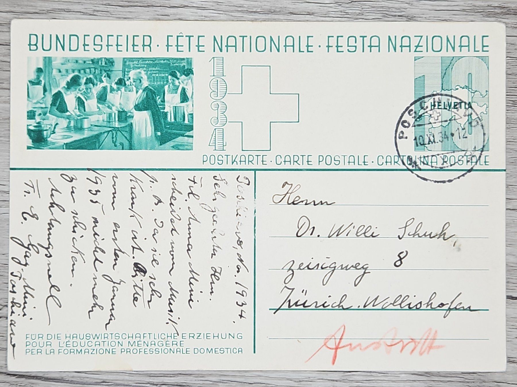 Tutti i francobolli: CL16 Carte Postale + Timbre Suisse 1934 – Usato da Cousset venduto da Patrick_Collections