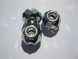 2 Grosslochperlen, Glas Beads facettiert, silbergrau