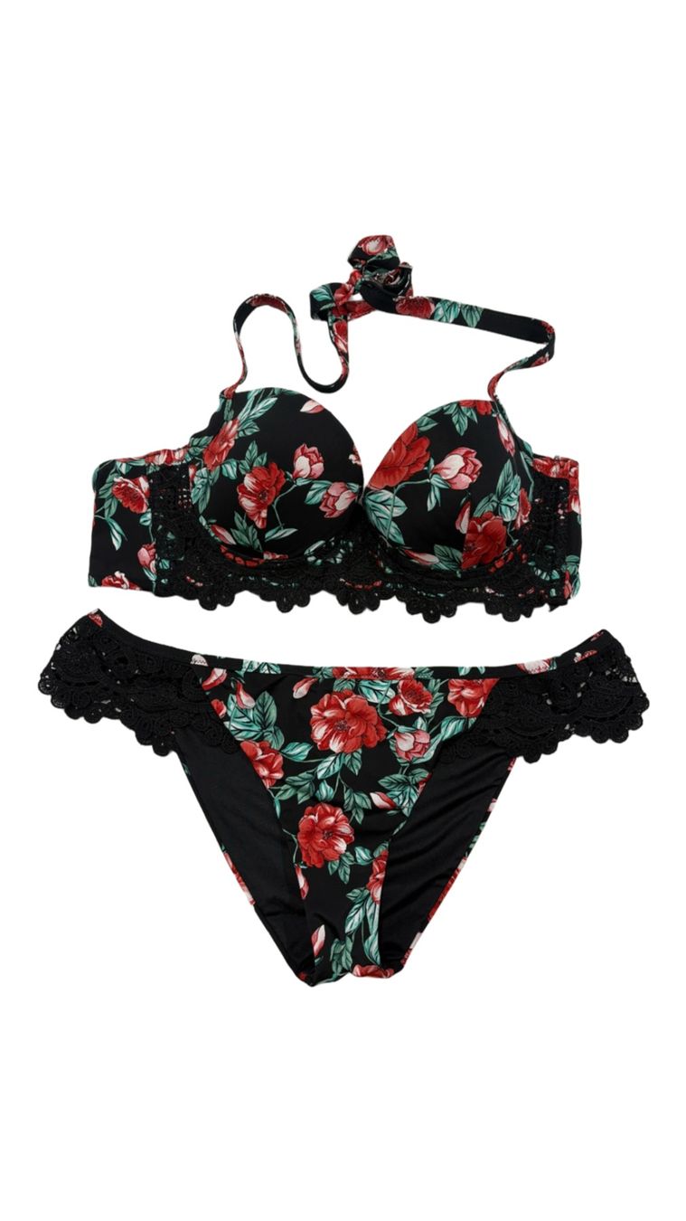 Tezenis Costumi da bagno & Bikini: Tezenis Bikini Blumenmuster Gr.  S / B schwarz rot Spitze – Nuovo (secondo la descrizione) da Regensdorf venduto da secondchancefashion