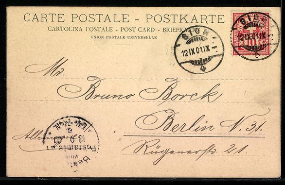 Cartoline postali: Brigue, Stadtansicht mit Kirche und Berg – Usato da Berlin venduto da bartko-reher 1