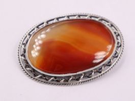 Brosche Antik Silber, roter Edelstein, Sterling Silber