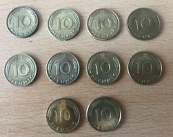 10 Jahrgänge 10 Pfennigstücke der Bundesrepublik Deutschland