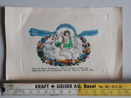 Antiker Druck Glückwünsche mit Bild (Engel mit Blumenkranz)