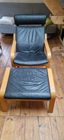 Sessel mit Hocker, Leder schwarz,
