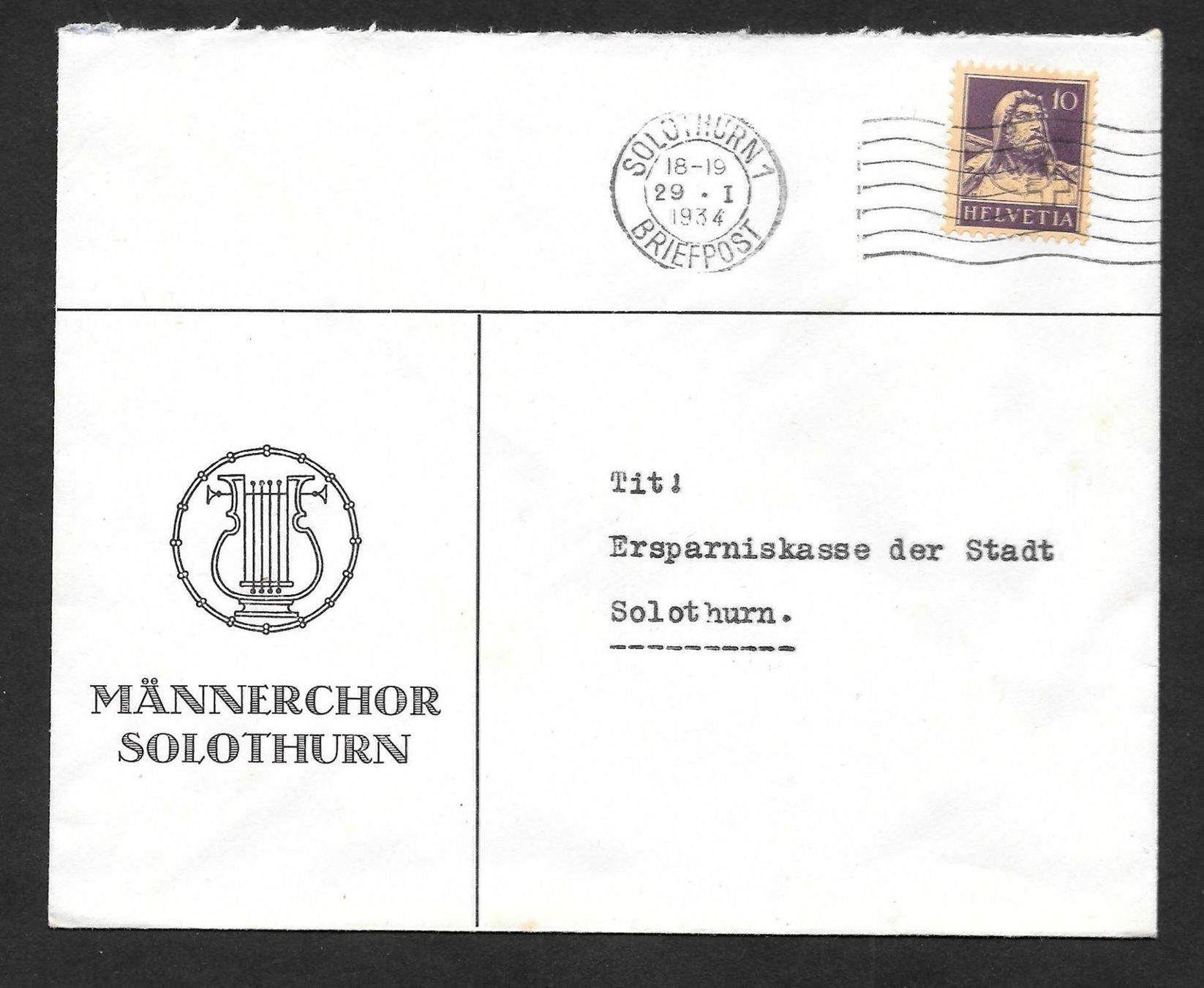 Alle Briefmarken: Solothurn illustrierter Brief Männerchor 29.1.1934 – Gebraucht aus Olten von clotaldi