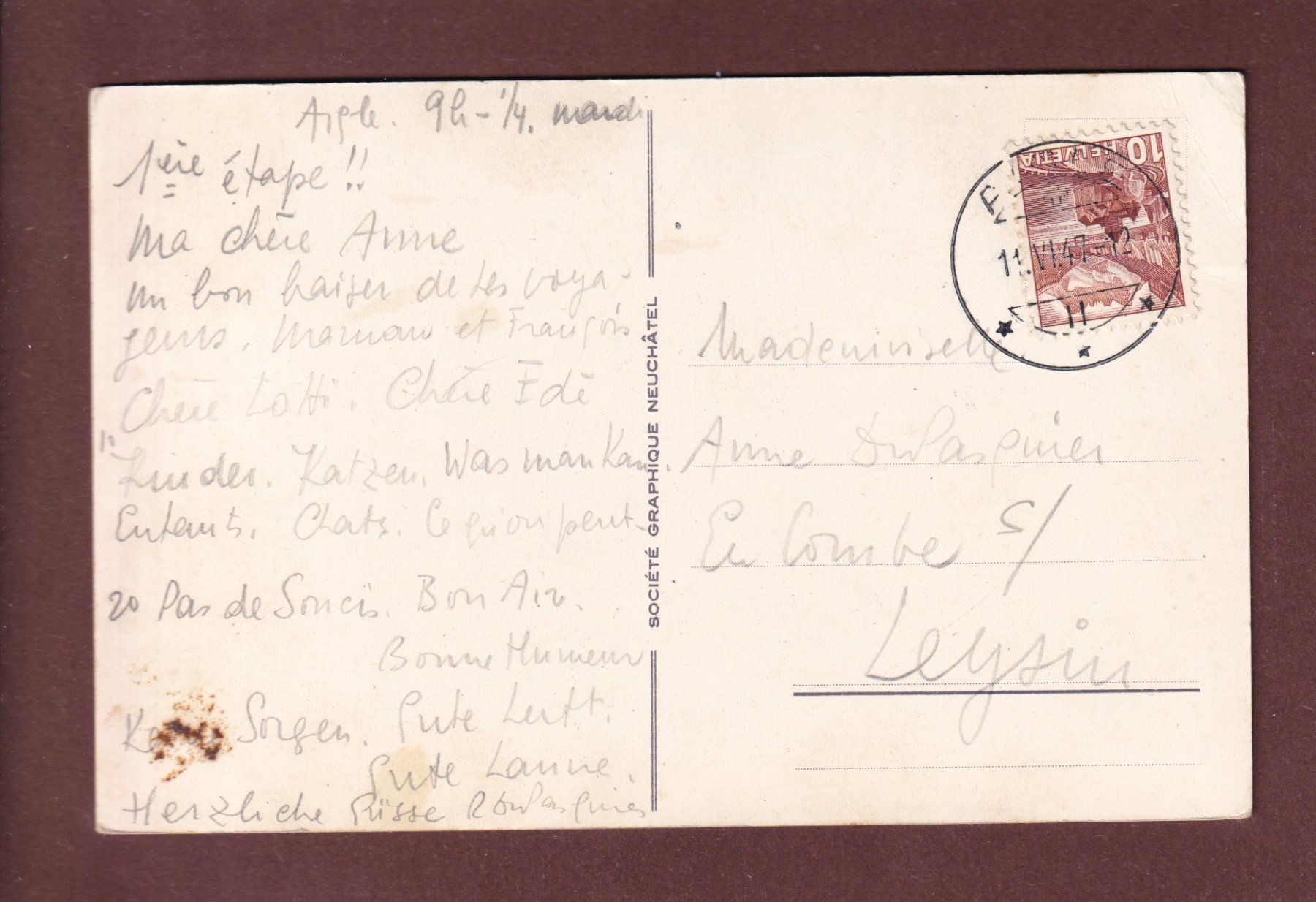 Ansichtskarten: AIGLE et les Agittes - 1947 – Gebraucht aus Pully von nicecards-shop 1