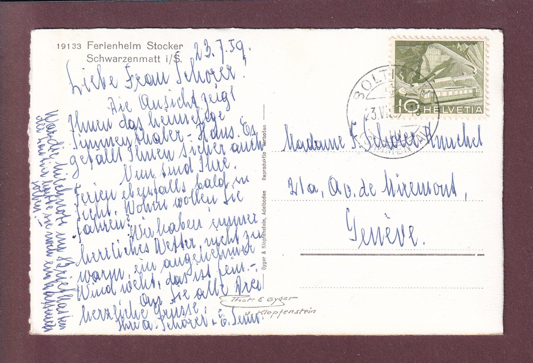 Cartes postales: SCHWARZENMATT - Ferienheim Stocker - 1959 – D'occasion à Pully par nicecards 1