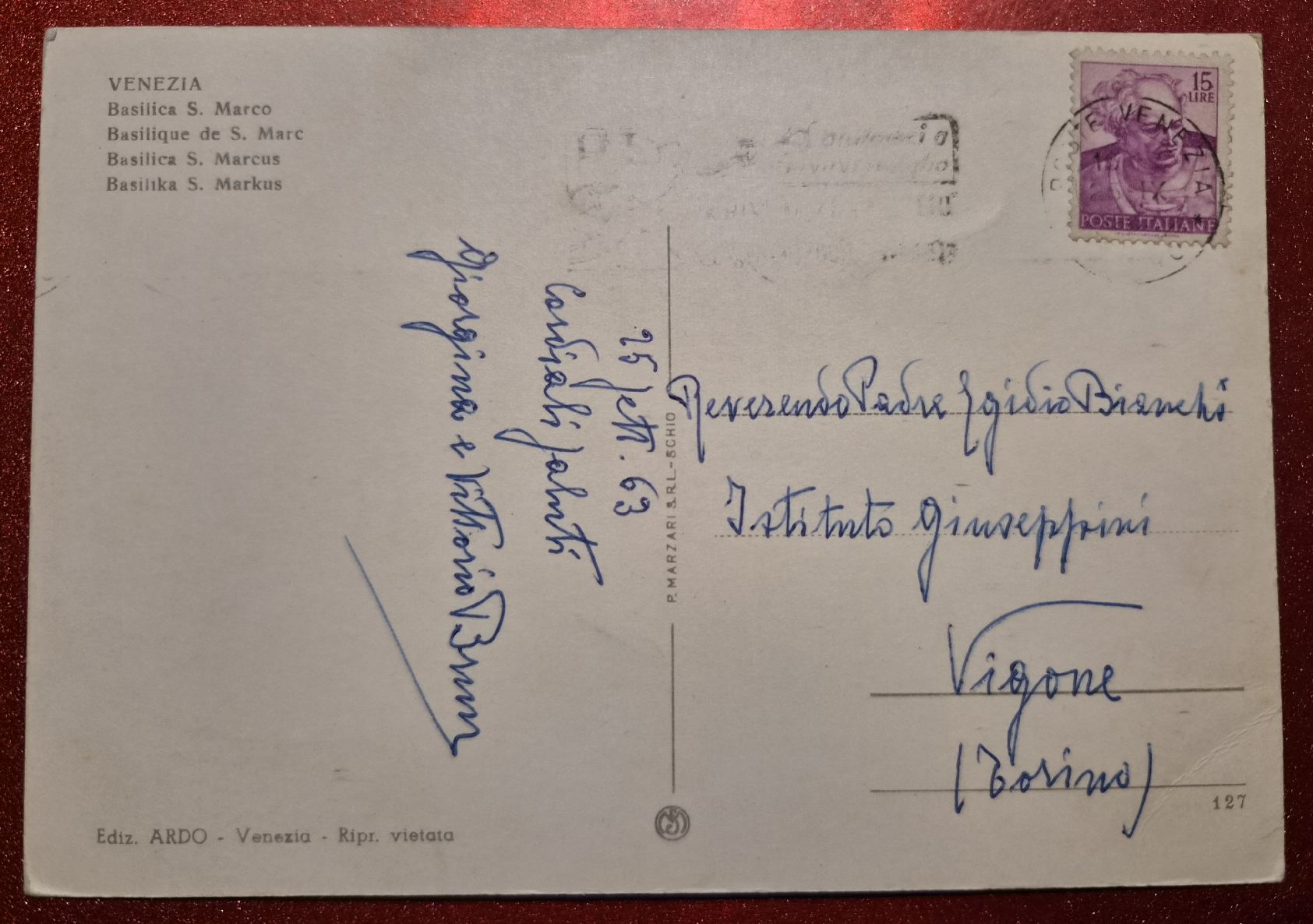 Cartoline postali: Venedig Markusplatz mit Markusdom und Dogenpalast 1963 – Usato da Melchnau venduto da Arthurius 1