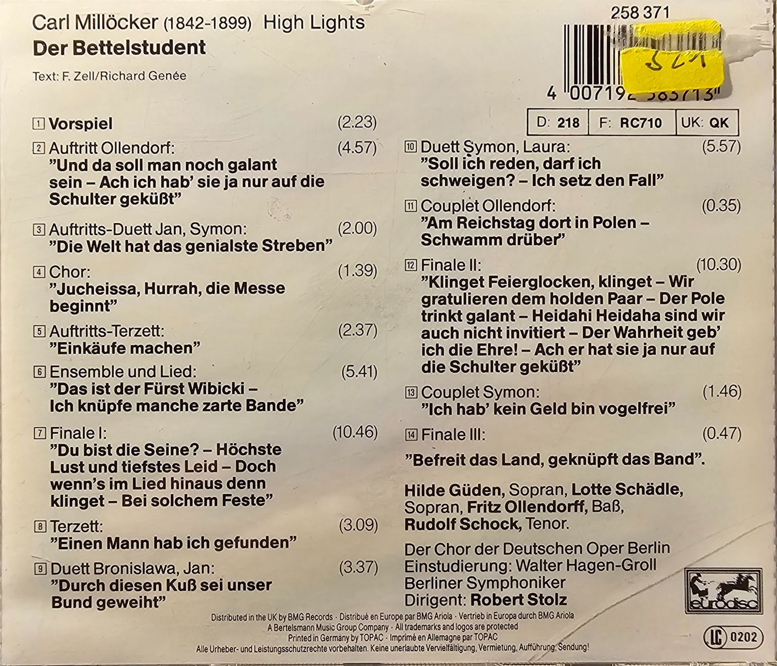 CD: Karl Millöcker - Der Bettelstudent – Usato da Wahlen b. Laufen venduto da Cg10 1