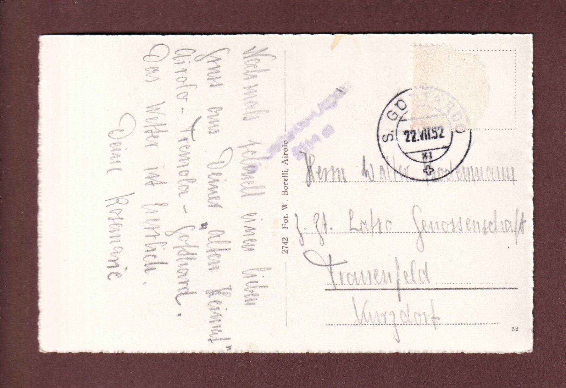 Cartoline postali: SAN GOTTARDO / GOTTHARDHOSPIZ - 1952 – Usato da Pully venduto da nicecards-shop 1