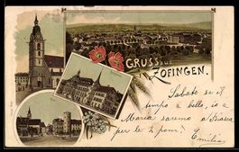 Lithographie Zofingen, Rathaus, Straßenpartie an der Post, K