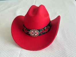 ✅ SALE: Cowboyhut rot mit Blumenband und Schmuckstein!