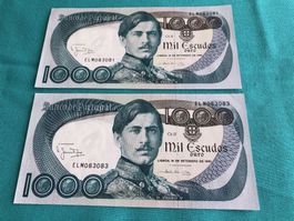 Perfekte Bankfrische,Portugal 2 Stück Mil Escudos Banknote +