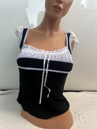 SEXY TOP SCHWARZ WEISS MIT RÜSCHEL GR S NEU