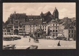 .Basel , Barfüsserplatz , Kutsche , belebt , echtfotokarte