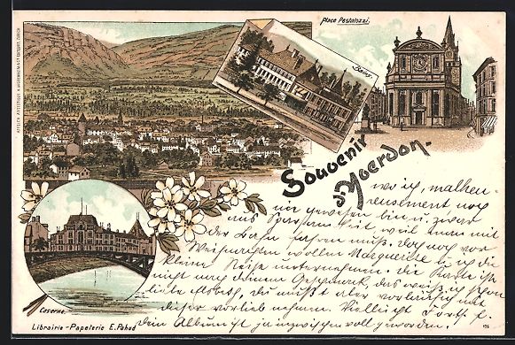 Cartoline postali: Litho Yverdon, Bains, Place Pestalozzi,  – Usato da Berlin venduto da bartko-reher