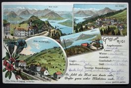 4-Bild-LITHO Gruss vom RIGI Bahn - gel. 1898 - viele Stempel