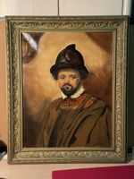 Vintage Portrait Painting, Man with Hat, Ornate Frame