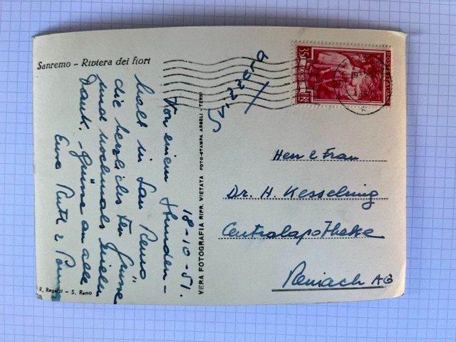 Cartoline postali: Postkarte alt, Sanremo, 1951 – Usato da Niederwil AG venduto da dahu75 1