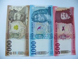 Ungarn Banknoten 500, 1000, 2000 Forint 2021/2025, Neuwertig